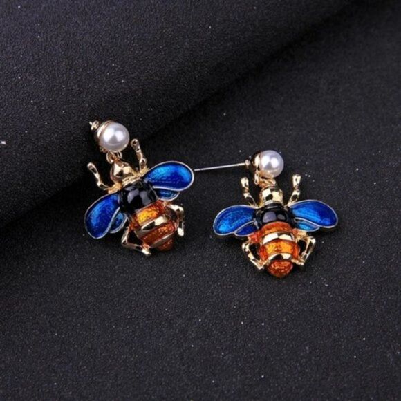 Blue Enamel Glaze Pearl Bumble Bee Gold Statement Dangle Earrings - Picture 6 of 8